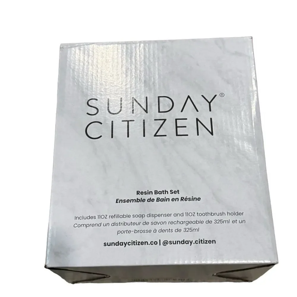 NEW Sunday Citizen Soap Dispenser and Toothbrush Holder Faux Marble gold accents